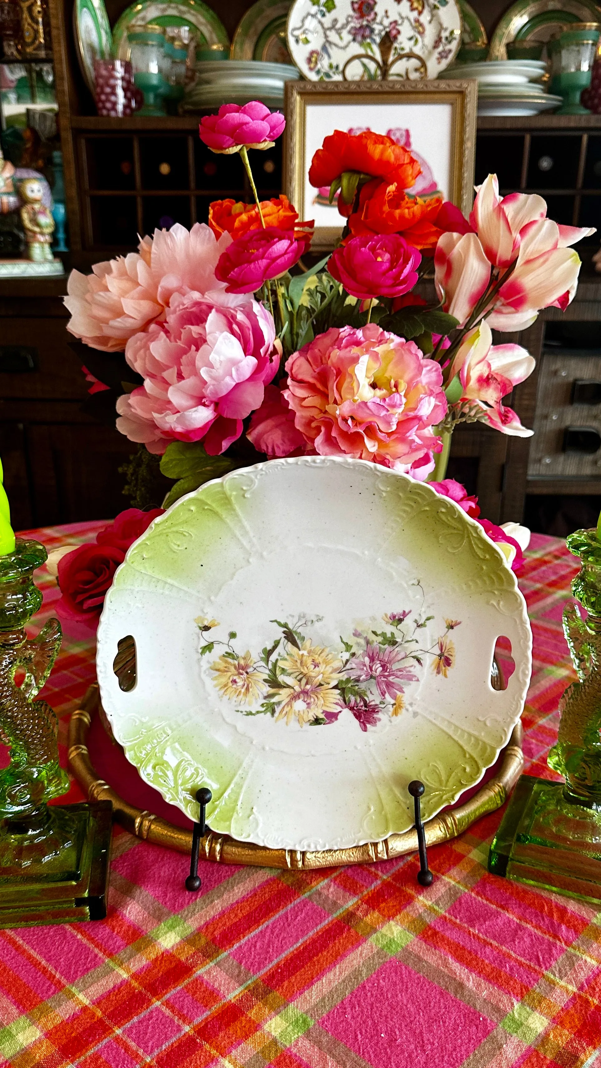 Antique Floral Plate White, Lime Green Floral, Handles, Decorative