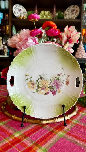 Antique Floral Plate White, Lime Green Floral, Handles, Decorative