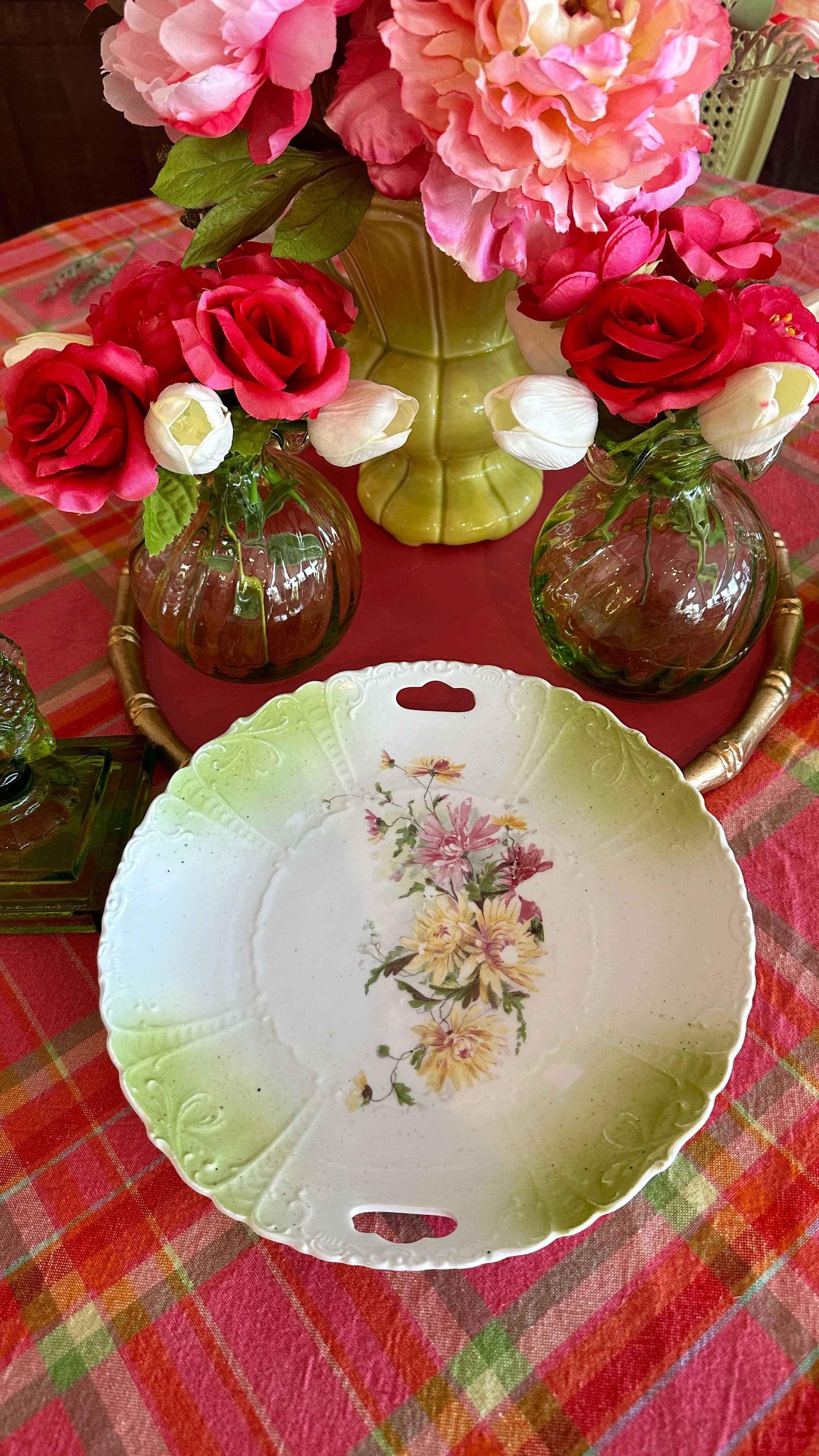 Antique Floral Plate White, Lime Green Floral, Handles, Decorative