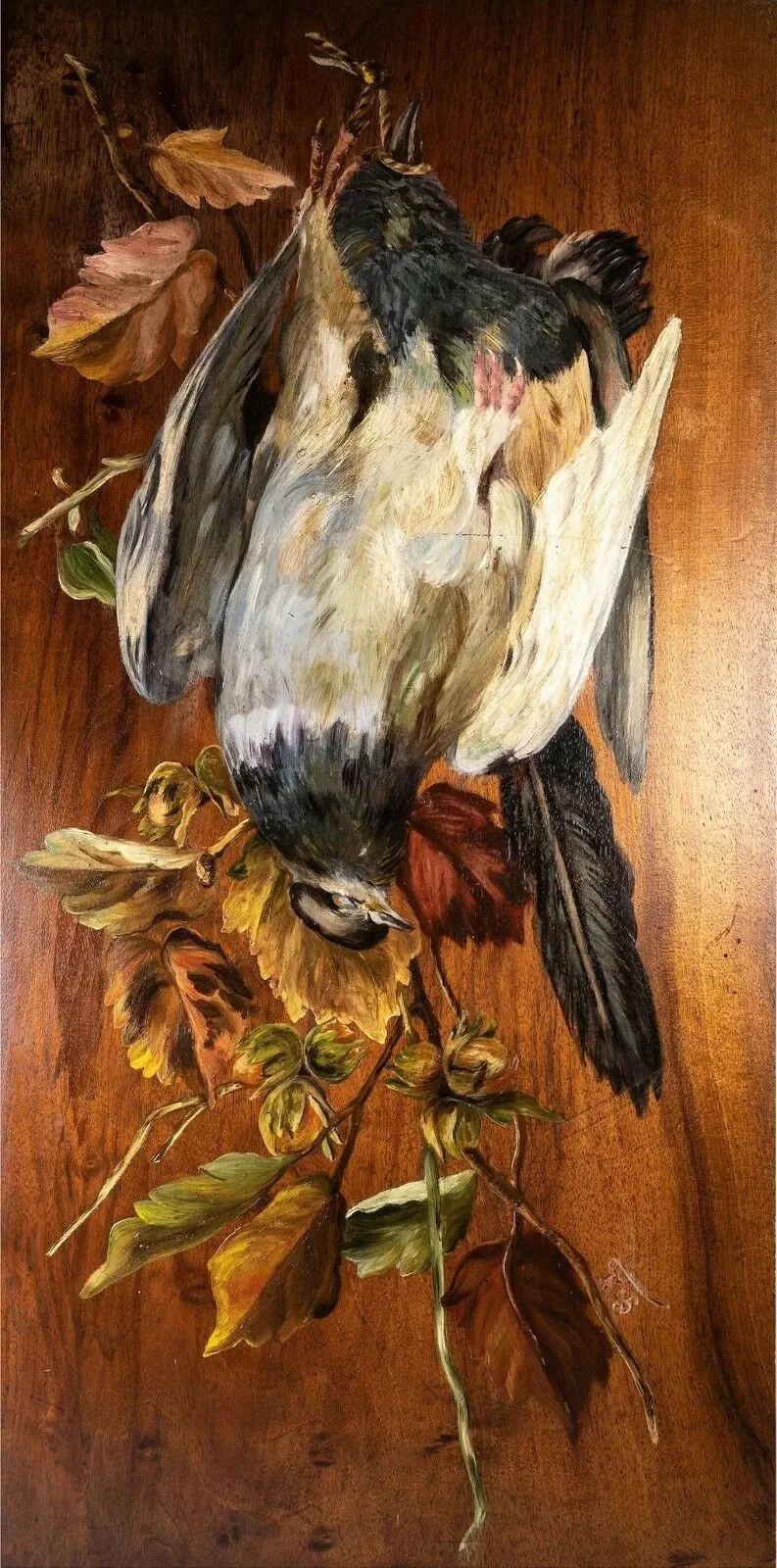 Antique French Oil Painting on Board, Nature Still Life w 2 Birds, Artist Signed