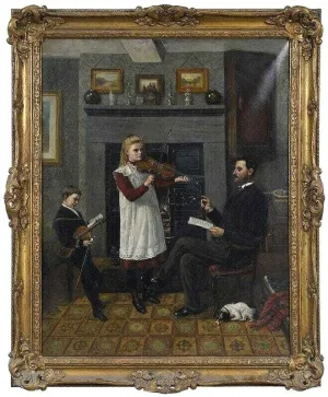 Antique Painting, Oil, Canvas,The Violin Lesson, signed, "T. Holroyd", 18-1900's