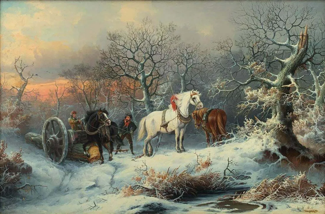 Antique Painting, Oil on Board, August Pettenkofen Winter Genre Logging w/ Work Horses!