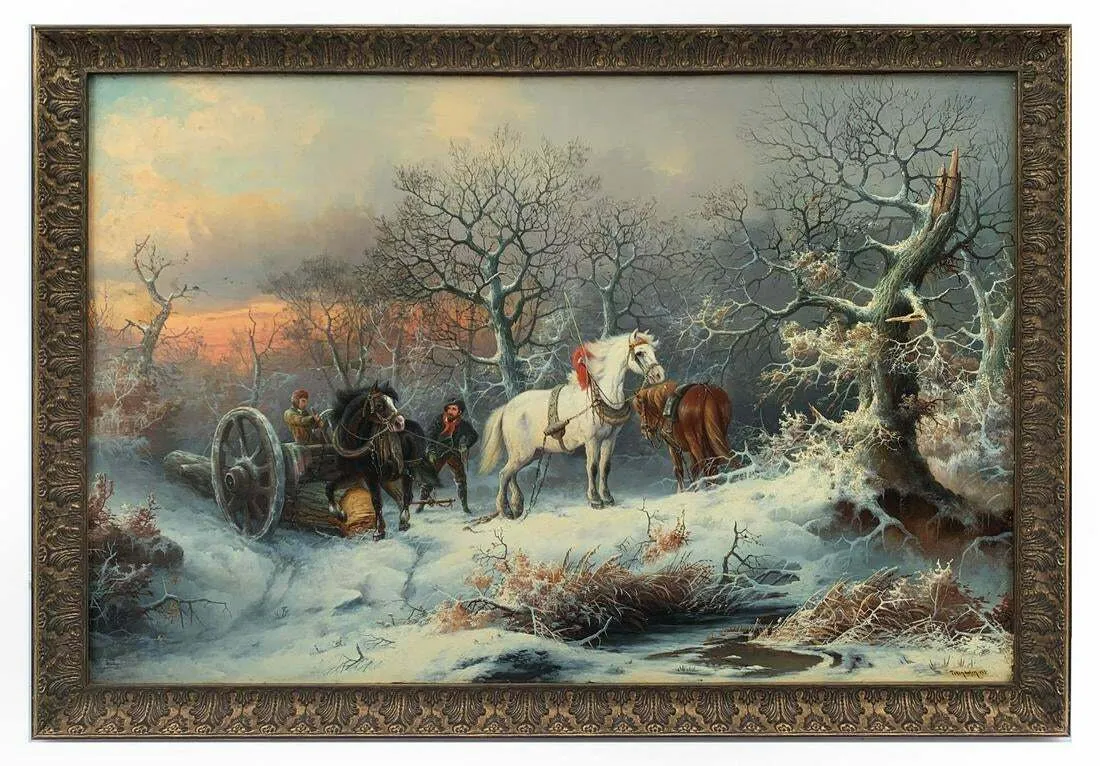 Antique Painting, Oil on Board, August Pettenkofen Winter Genre Logging w/ Work Horses!