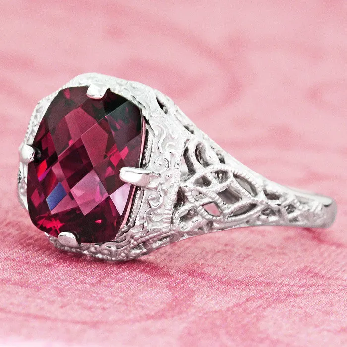 Art Deco Flowers and Leaves Rhodolite Garnet Filigree Ring in 14 Karat White Gold