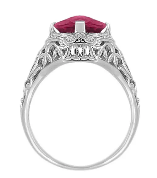 Art Deco Flowers and Leaves Rhodolite Garnet Filigree Ring in 14 Karat White Gold