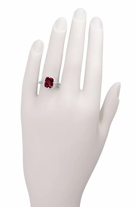 Art Deco Flowers and Leaves Rhodolite Garnet Filigree Ring in 14 Karat White Gold