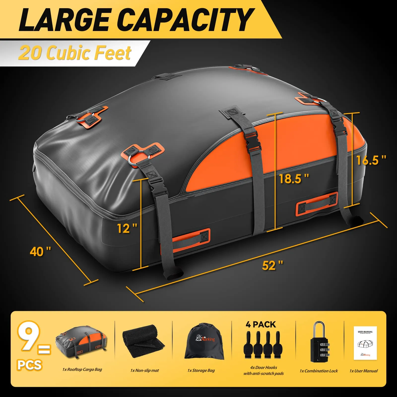 Asinking Car Rooftop Cargo Carrier Bag, 100% Waterproof Non-Rip 20 Cubic Feet Car Roof Bag for All Vehicles with/Without Rack, Includes Non-Slip Mat, Luggage Lock, 4 Door Hooks, Storage Bag