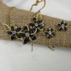 Black & Gold Flower Necklace with Gold Chain & Earrings