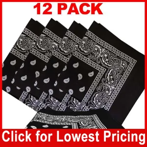 Black Bandana - 100% Cotton - Paisley Bandana - 12 Pack