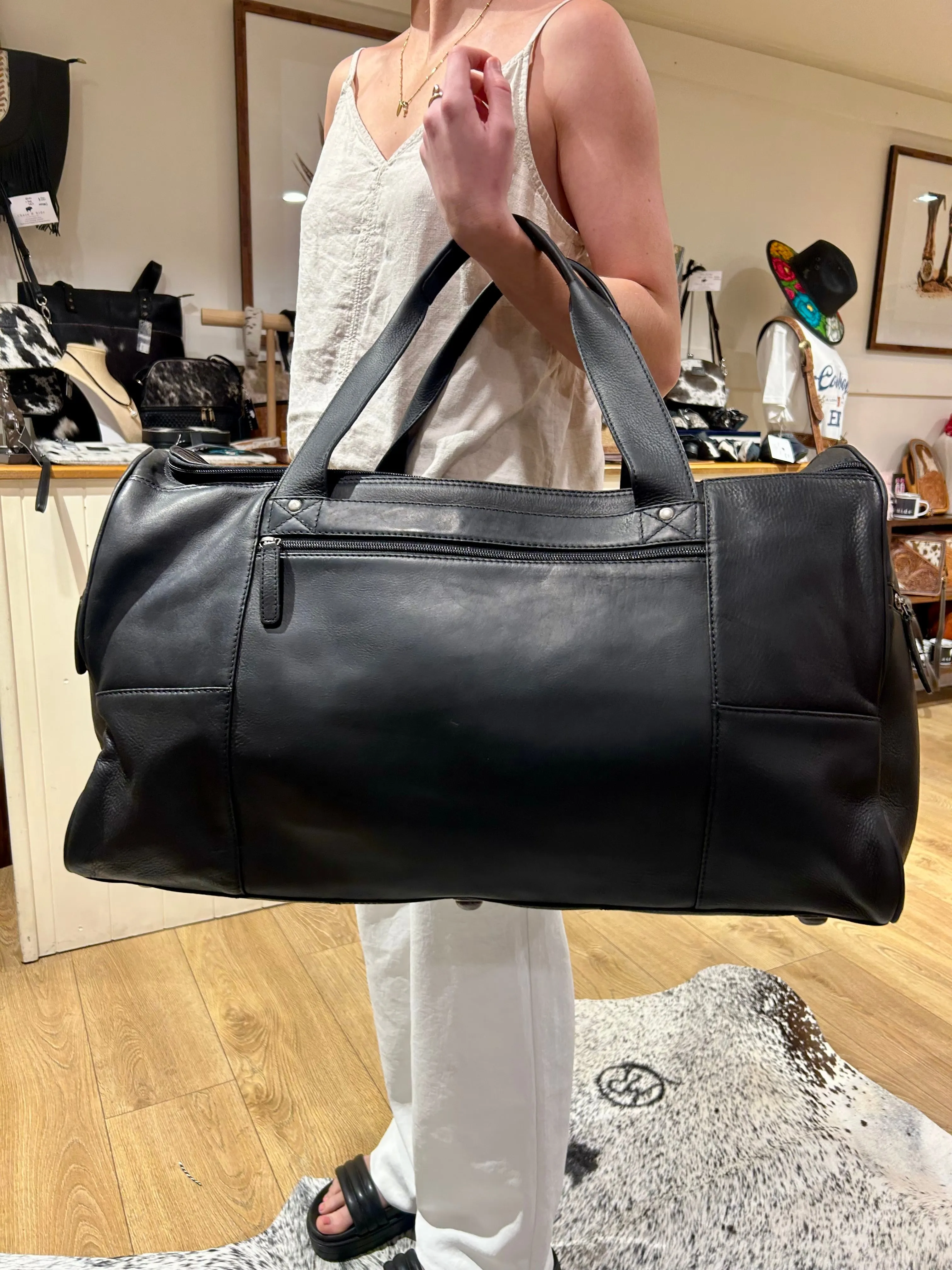 Black Leather Overnight Bag #3912