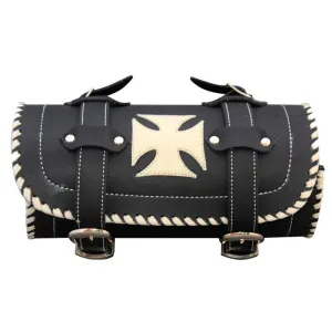 Black Motorcycle Leather Tool Bag with Cream Iron Cross