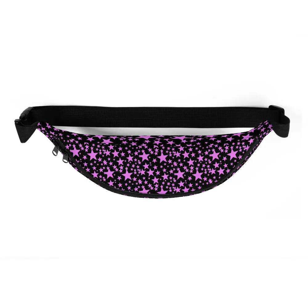 Black Pink Star Fanny Pack, Star Pattern Print Shoulder Waist Travel Bag- Made in USA/EU