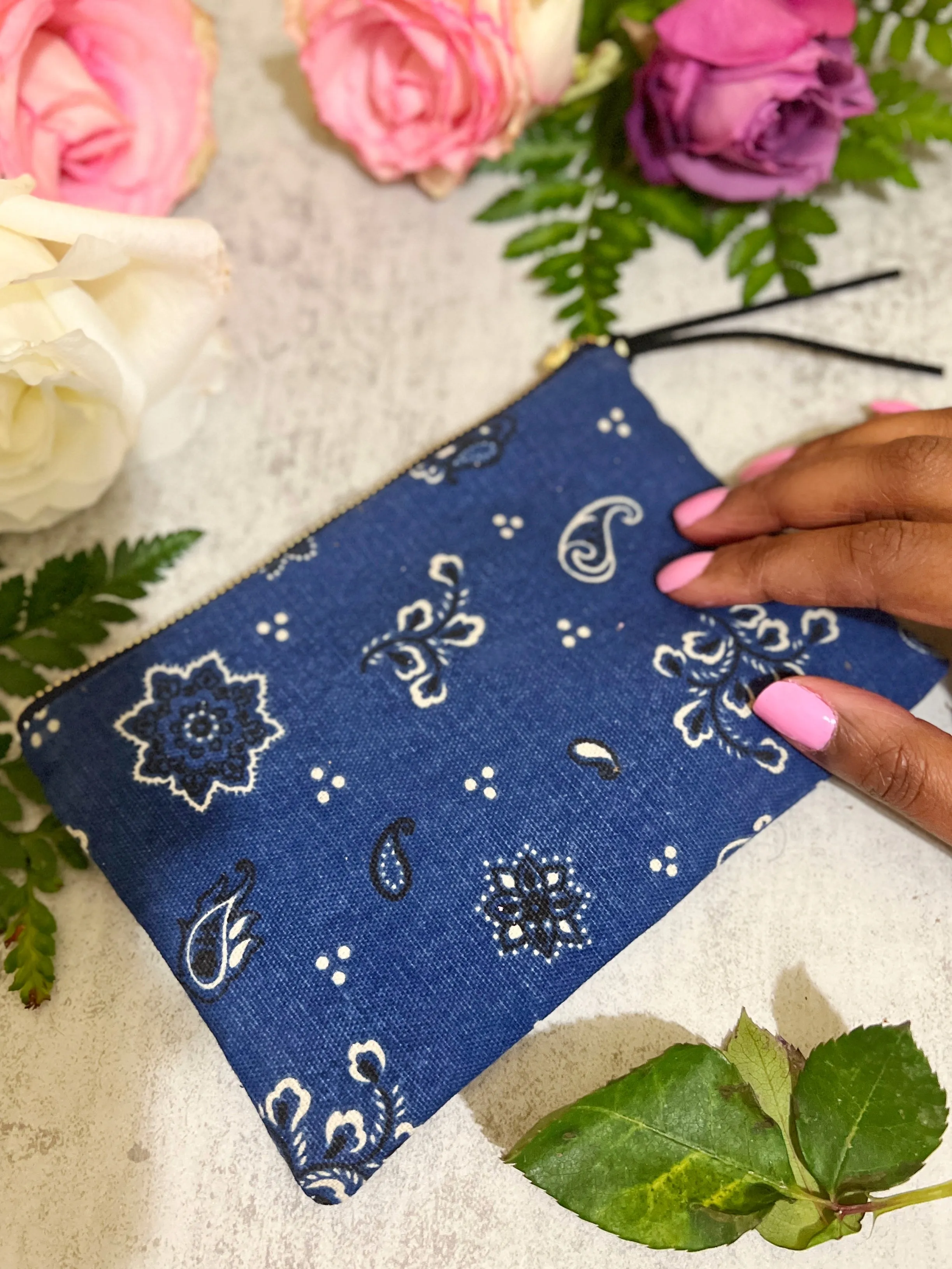 Blue Bandana Mini Zip Clutch