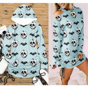 Blue Bat Skull All Over Print Women One Shoulder Dress With Waist Shirring, Long Hoodie For Women