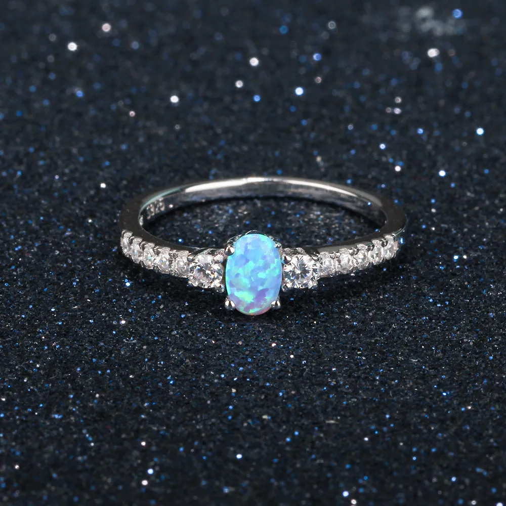 Cathedral Oval Blue Opal with Small Zircon Sterling Silver Ring