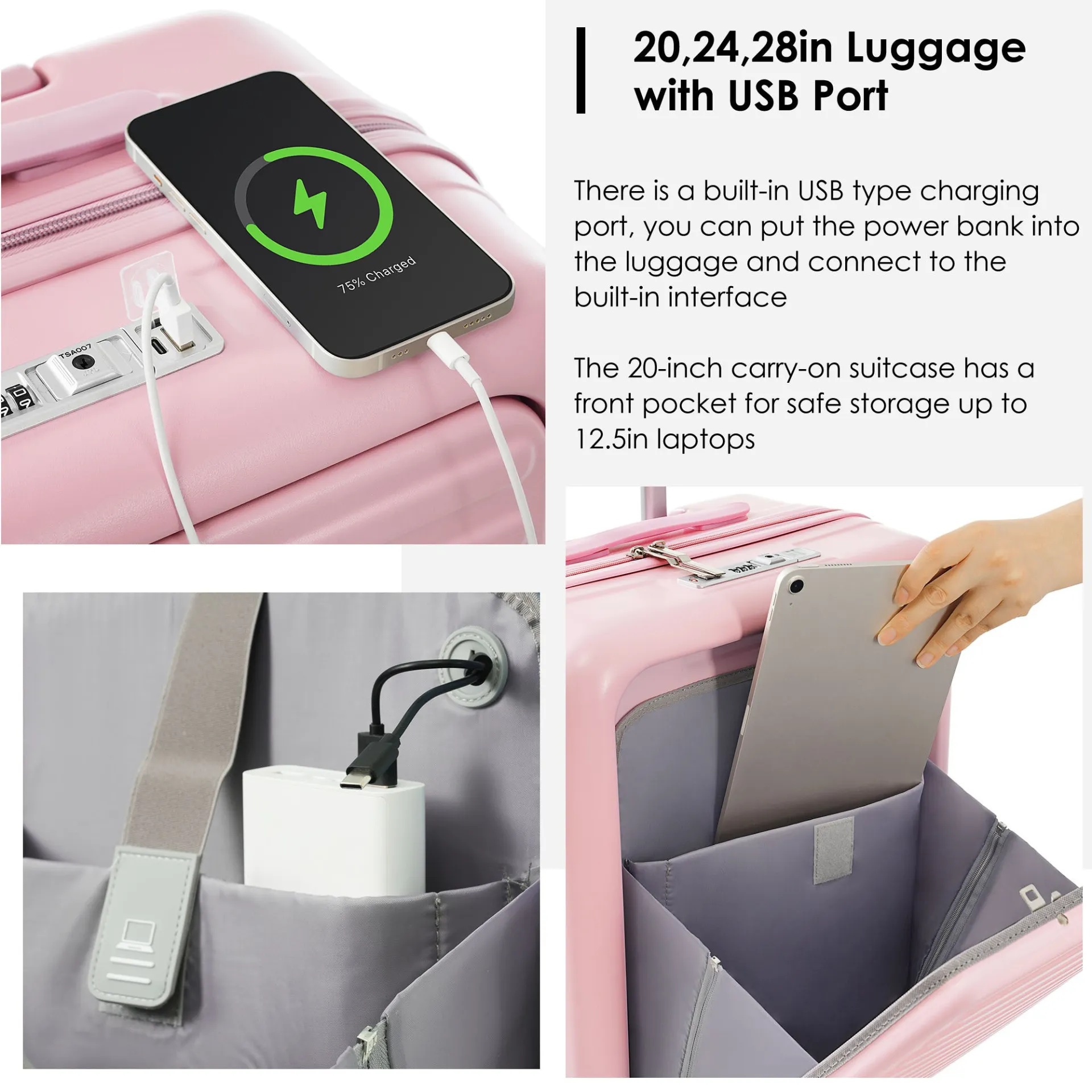 Chic Pink 4-Piece Luggage Set with USB Charging Port and Front Access Design - Durable ABS Hard Shell with Expandable Travel Bag and Cup Holder