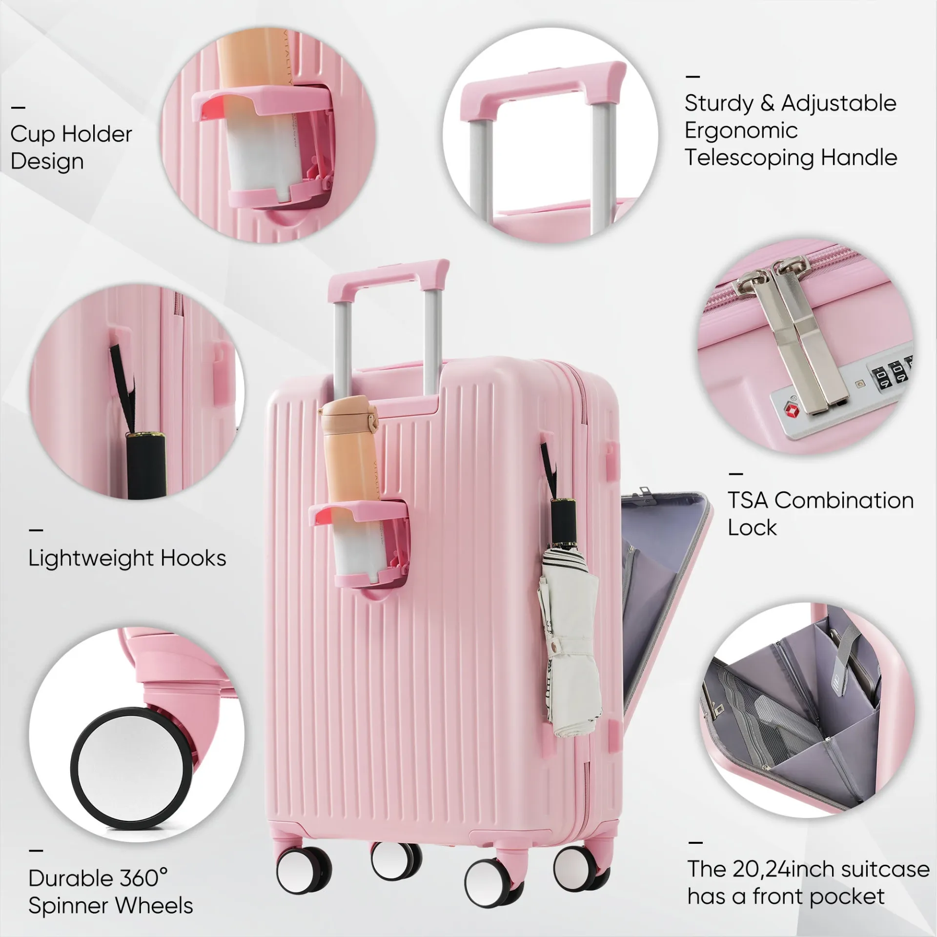 Chic Pink 4-Piece Luggage Set with USB Charging Port and Front Access Design - Durable ABS Hard Shell with Expandable Travel Bag and Cup Holder