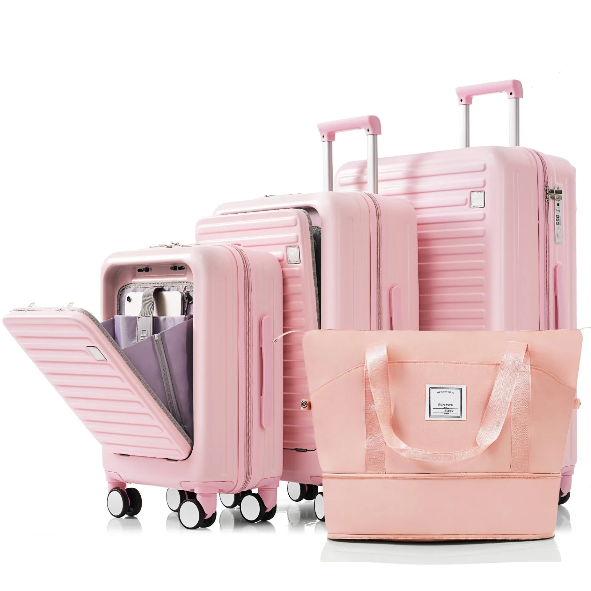 Chic Pink 4-Piece Luggage Set with USB Charging Port and Front Access Design - Durable ABS Hard Shell with Expandable Travel Bag and Cup Holder