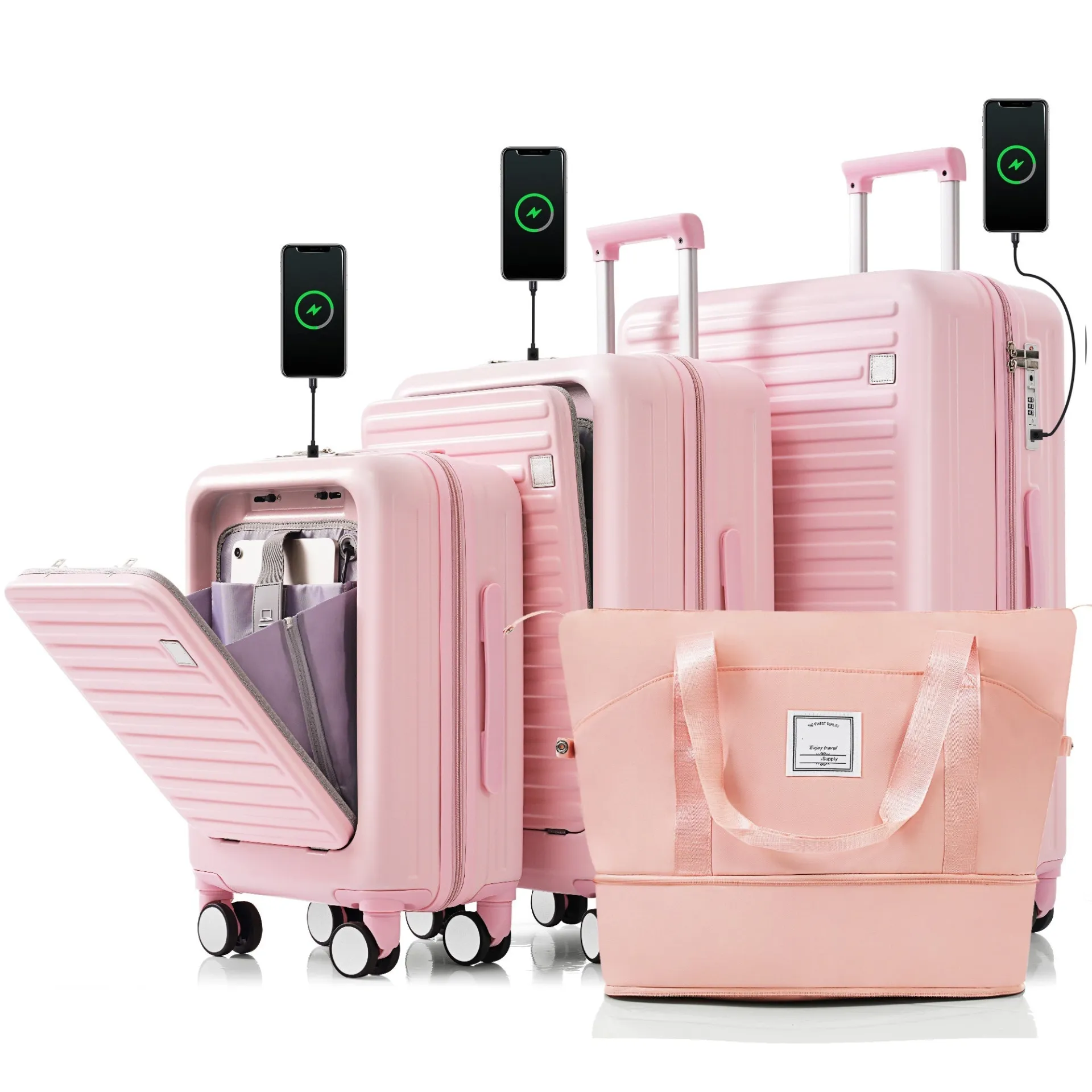 Chic Pink 4-Piece Luggage Set with USB Charging Port and Front Access Design - Durable ABS Hard Shell with Expandable Travel Bag and Cup Holder