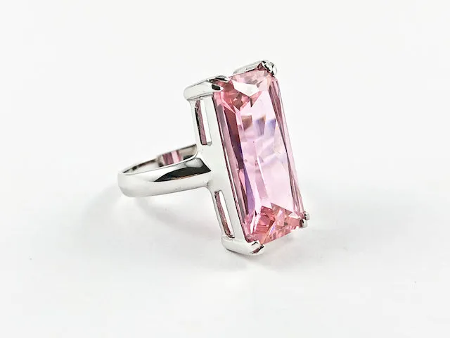 Classic Elegant Pink Radiant Cut Rectangular Shaped Silver Ring