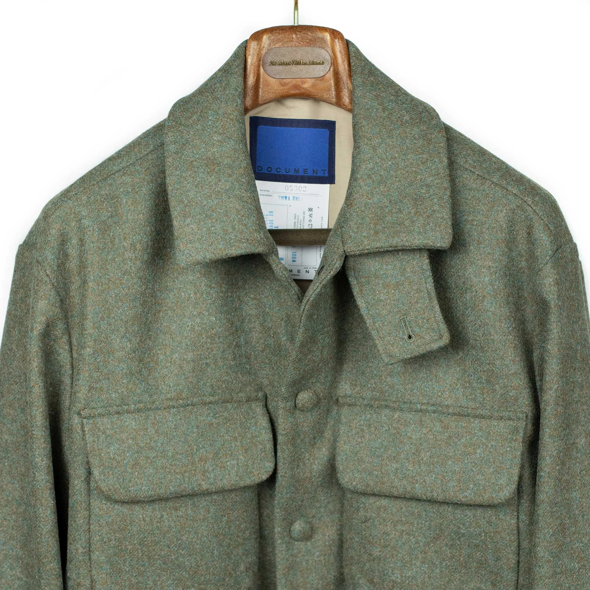 CPO jacket in sea moss green English melton wool (10th anniversary capsule)