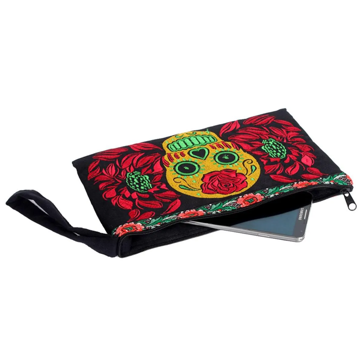 Culturas Sugar Skull Embroidered Wristlet with Flower Trim - Thailand