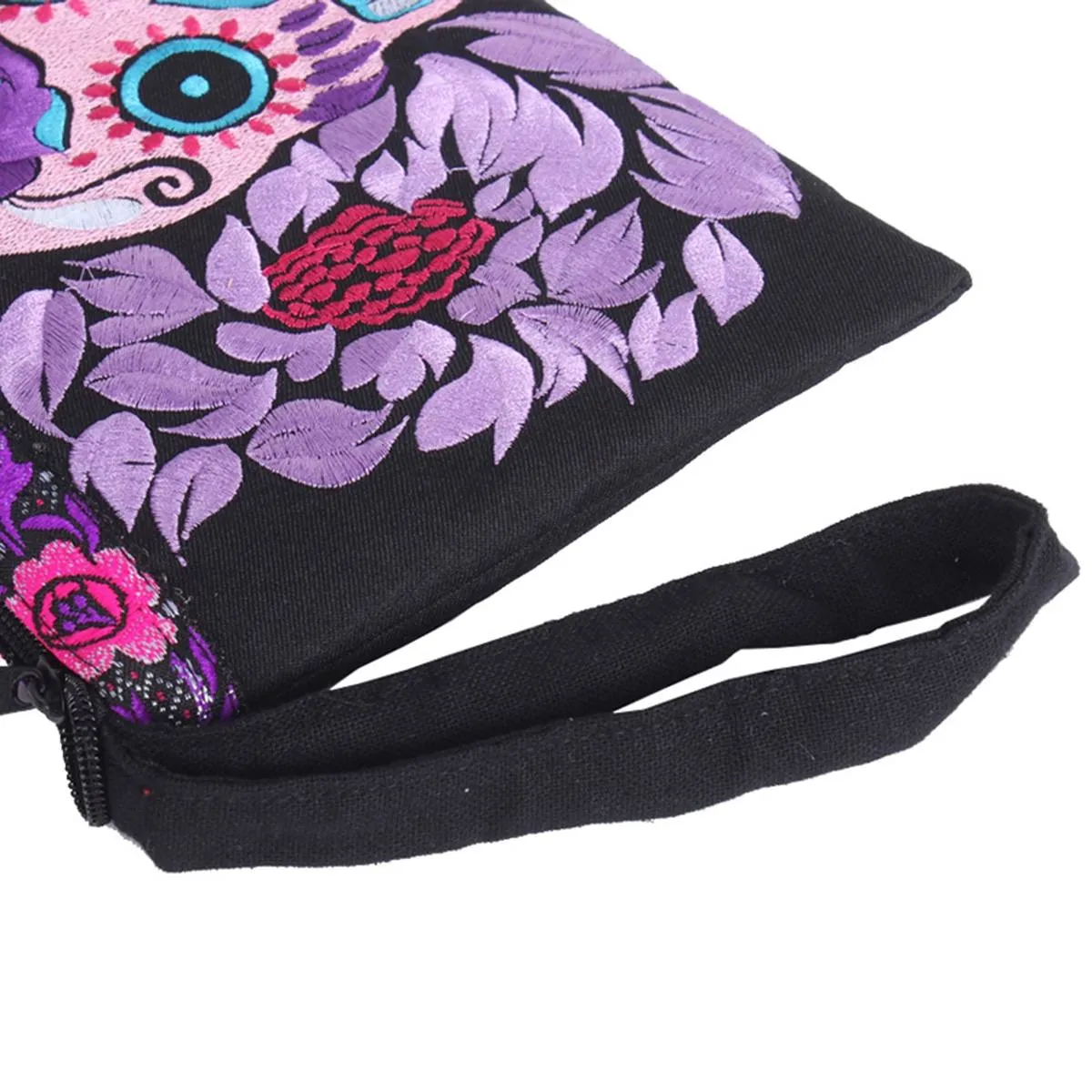 Culturas Sugar Skull Embroidered Wristlet with Flower Trim - Thailand