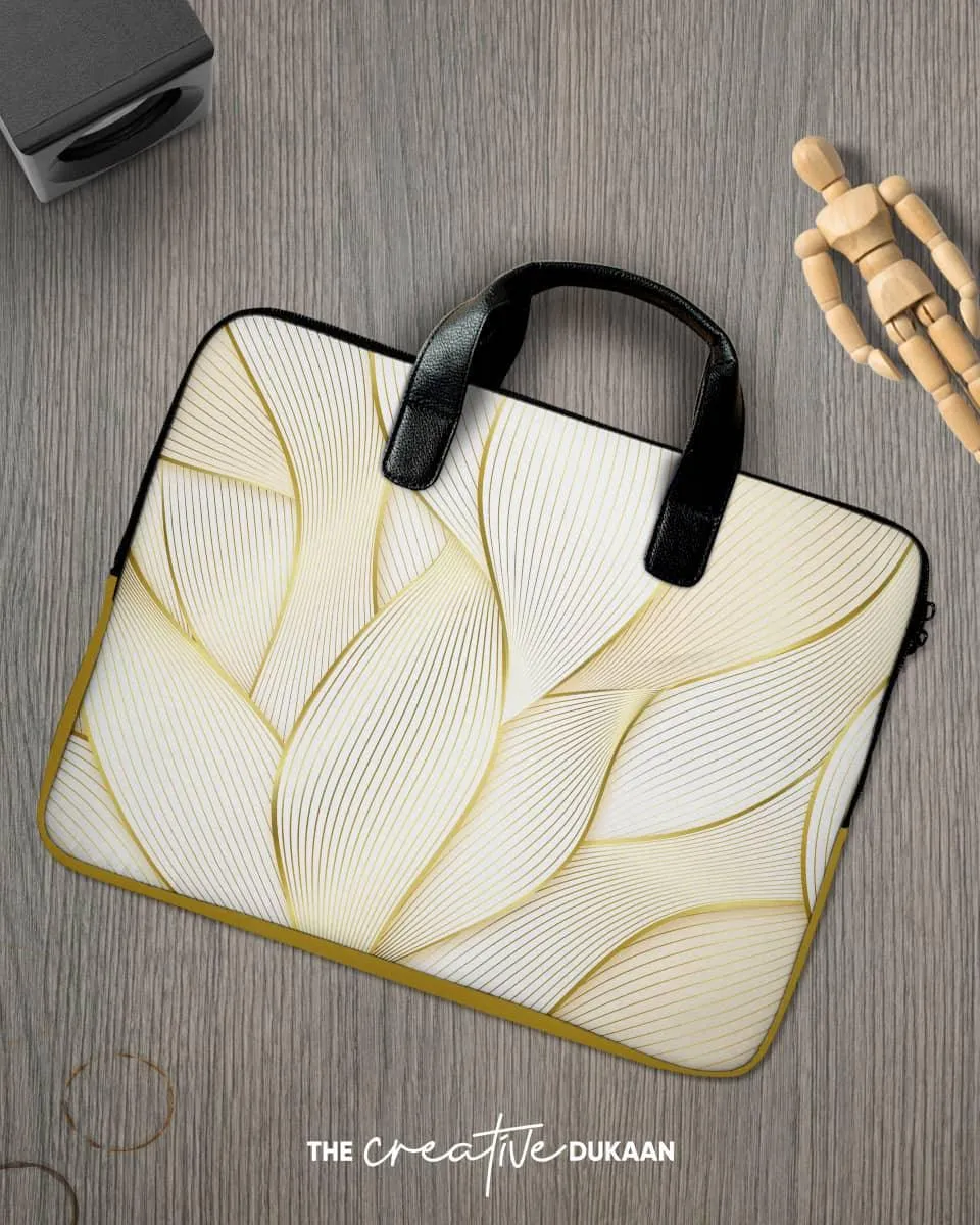 Designer Laptop Sleeve Bag With Golden Leaf Pattern