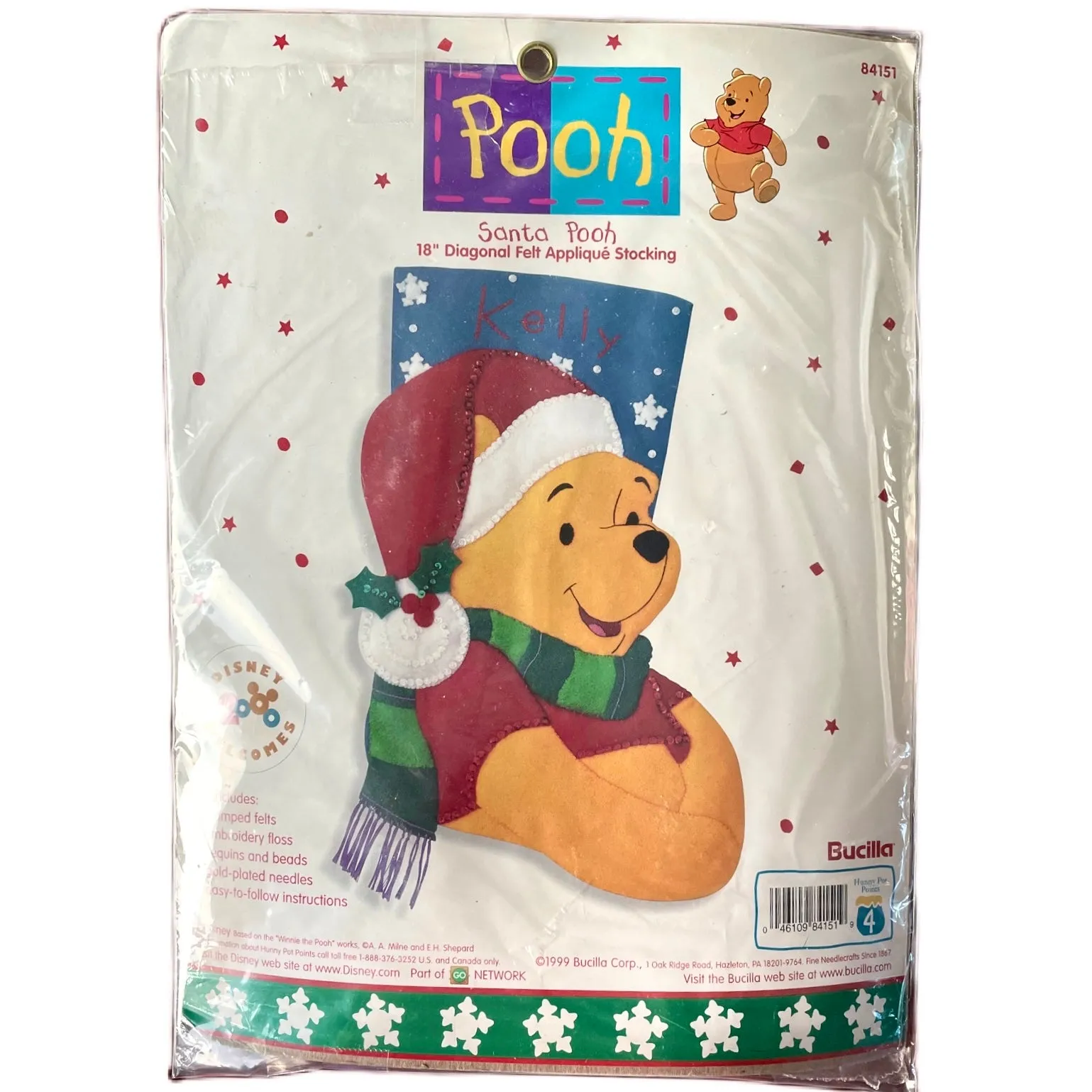 Disney Winnie The Pooh Santa Hat 18" Felt Stocking Kit with Sequins, Beads, Embroidery Vintage Rare Personalized DIY Craft