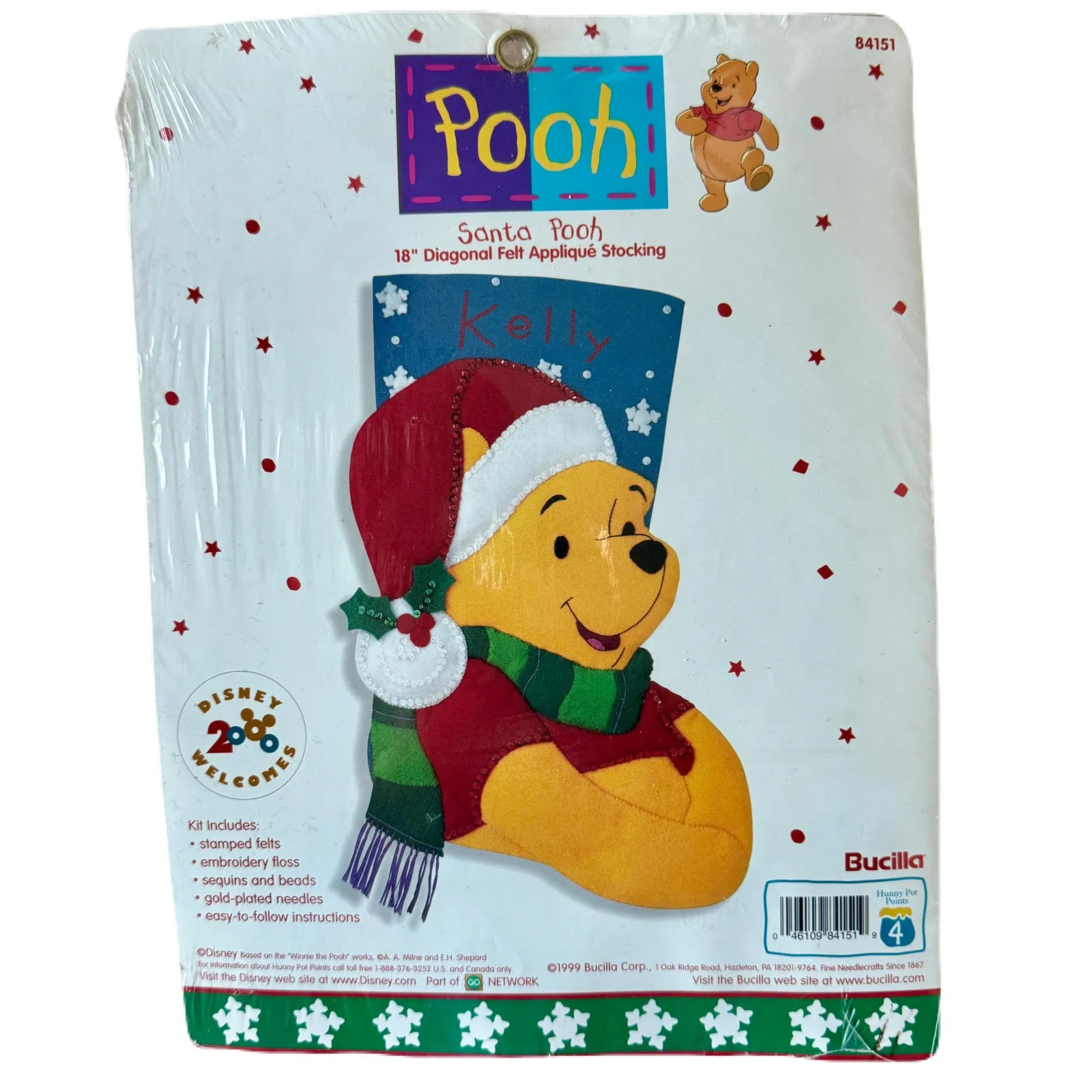 Disney Winnie The Pooh Santa Hat 18" Felt Stocking Kit with Sequins, Beads, Embroidery Vintage Rare Personalized DIY Craft