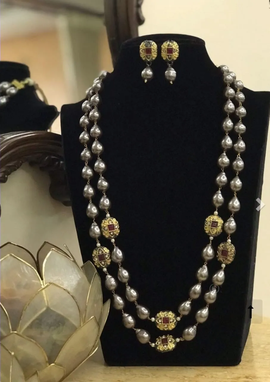 Double layered Grey Pearls  beaded Necklace Set