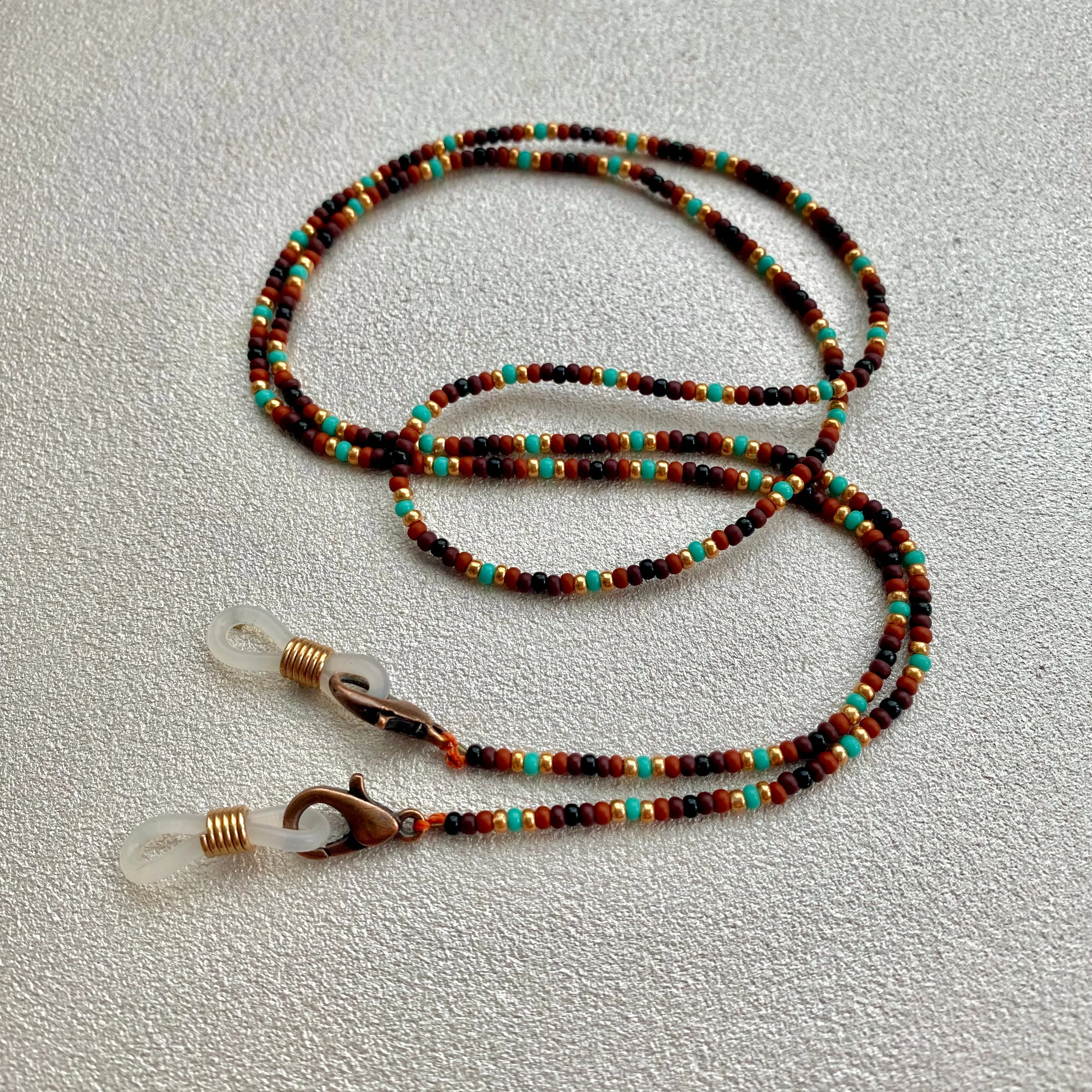 Earthy Seed Bead Glasses chain, Brown Gold Turquoise Teacher Lanyard, Eyeglass chain