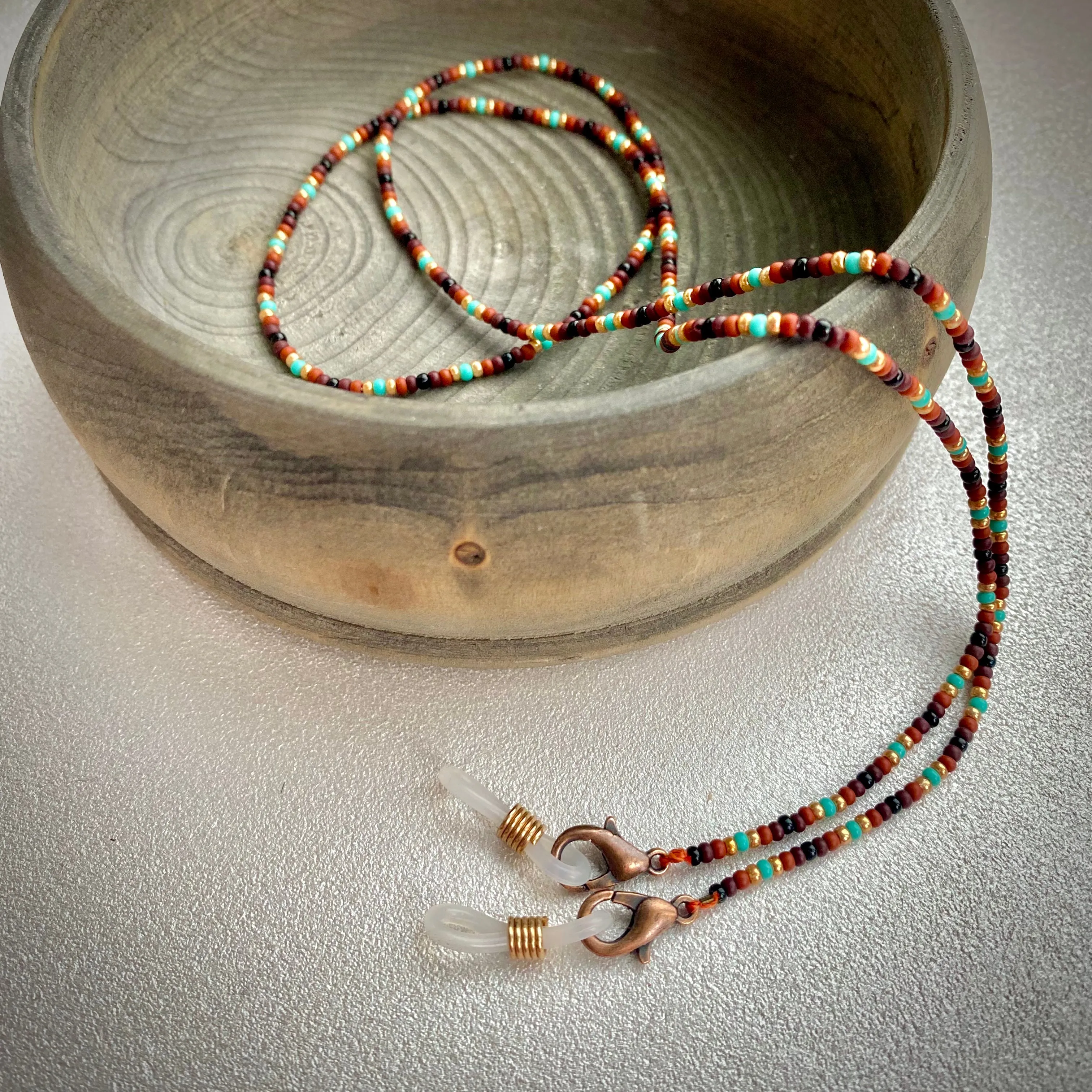 Earthy Seed Bead Glasses chain, Brown Gold Turquoise Teacher Lanyard, Eyeglass chain