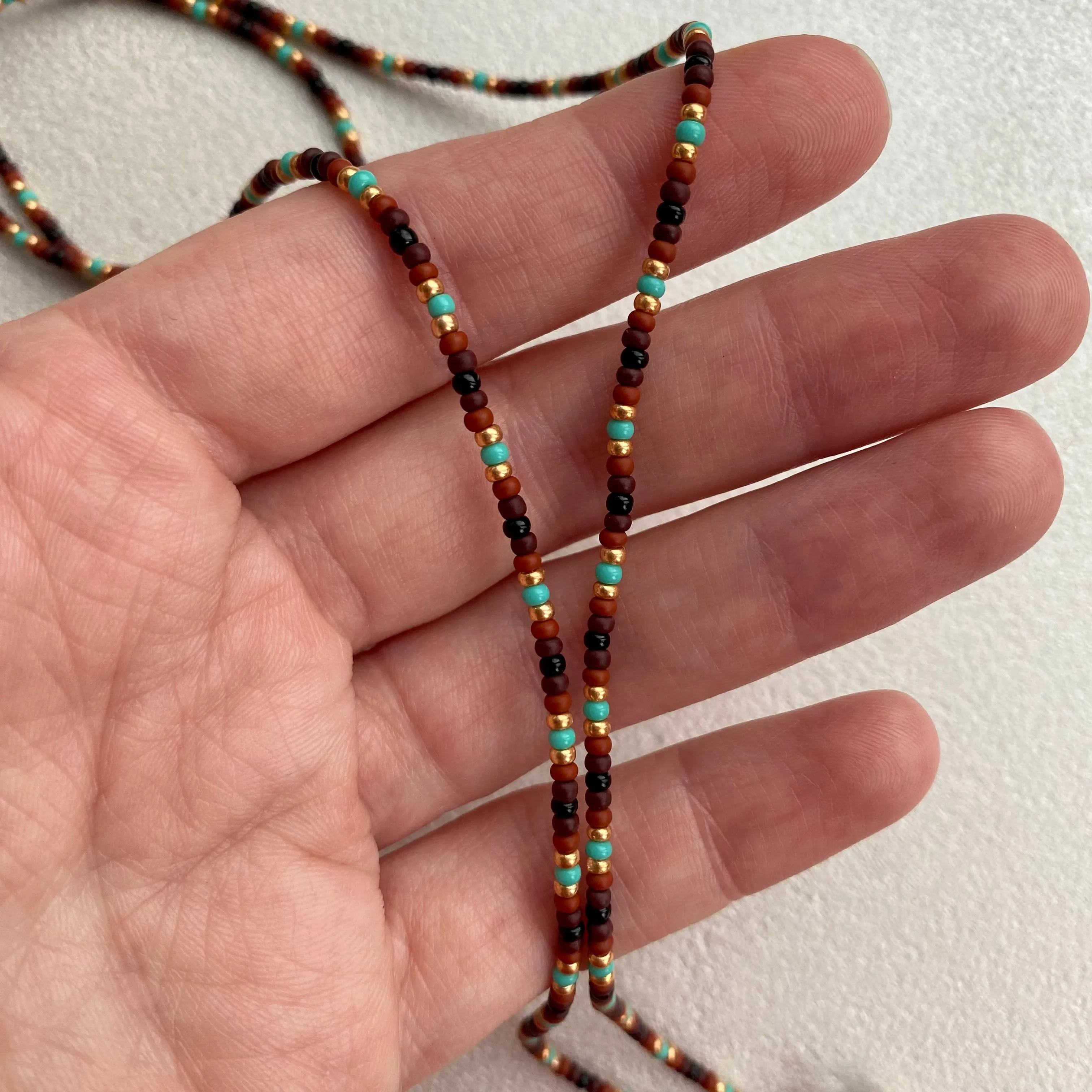 Earthy Seed Bead Glasses chain, Brown Gold Turquoise Teacher Lanyard, Eyeglass chain