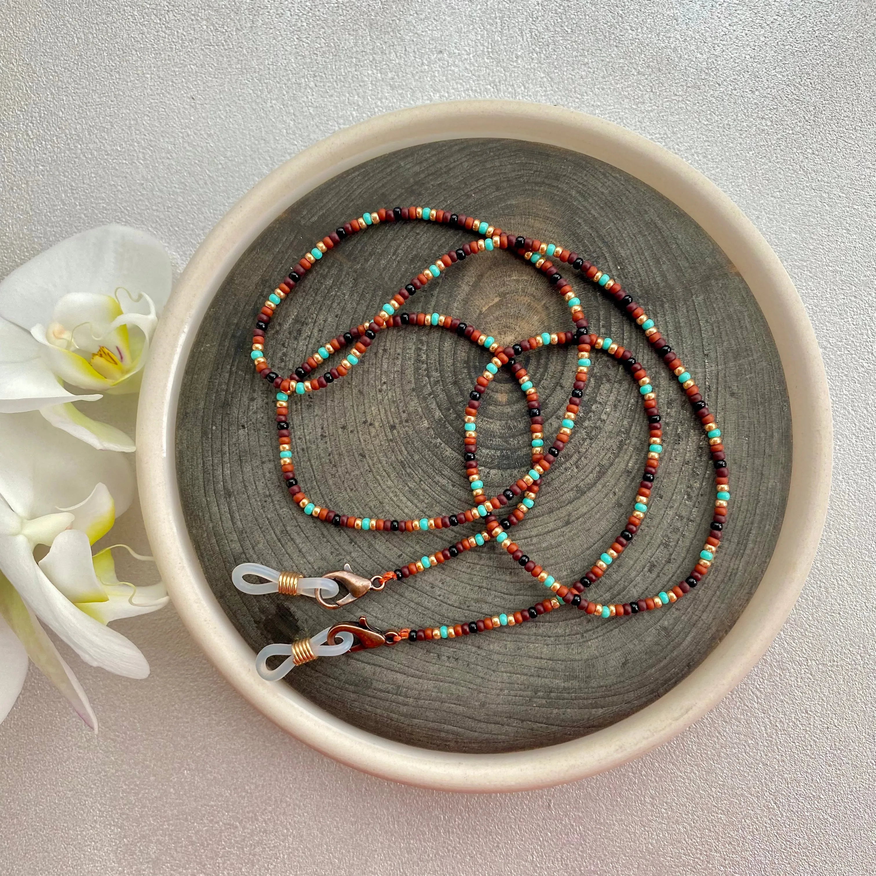 Earthy Seed Bead Glasses chain, Brown Gold Turquoise Teacher Lanyard, Eyeglass chain