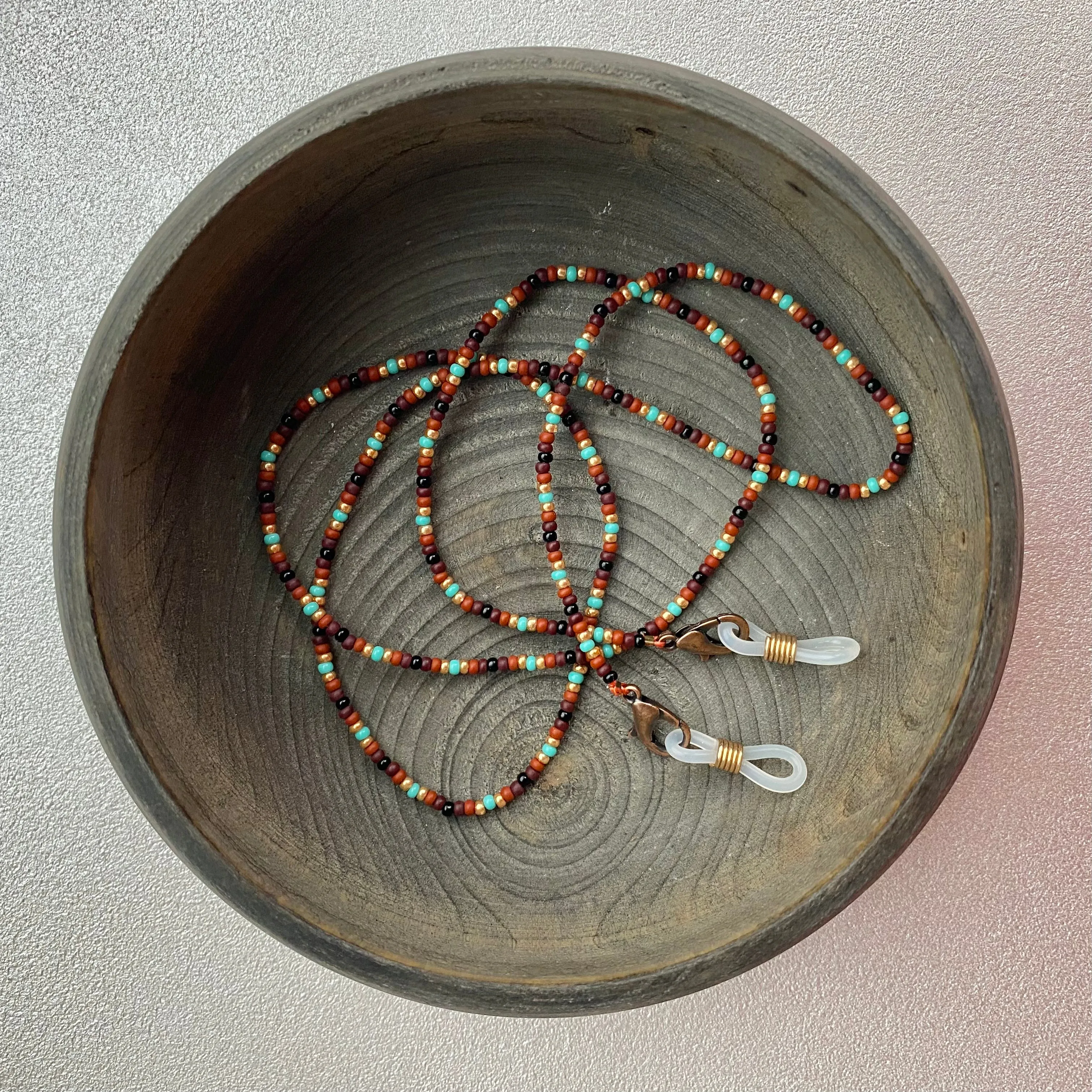 Earthy Seed Bead Glasses chain, Brown Gold Turquoise Teacher Lanyard, Eyeglass chain