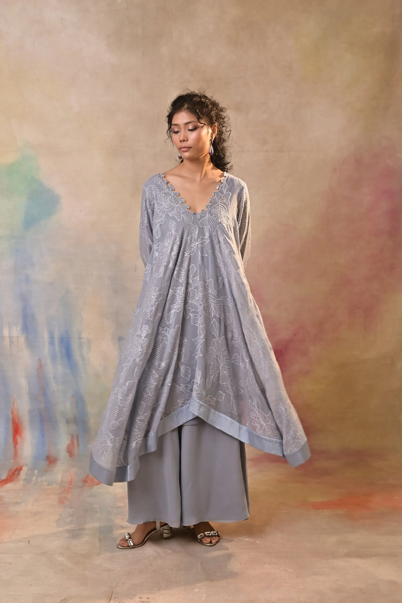 Elegant grey embroidered indo-western set