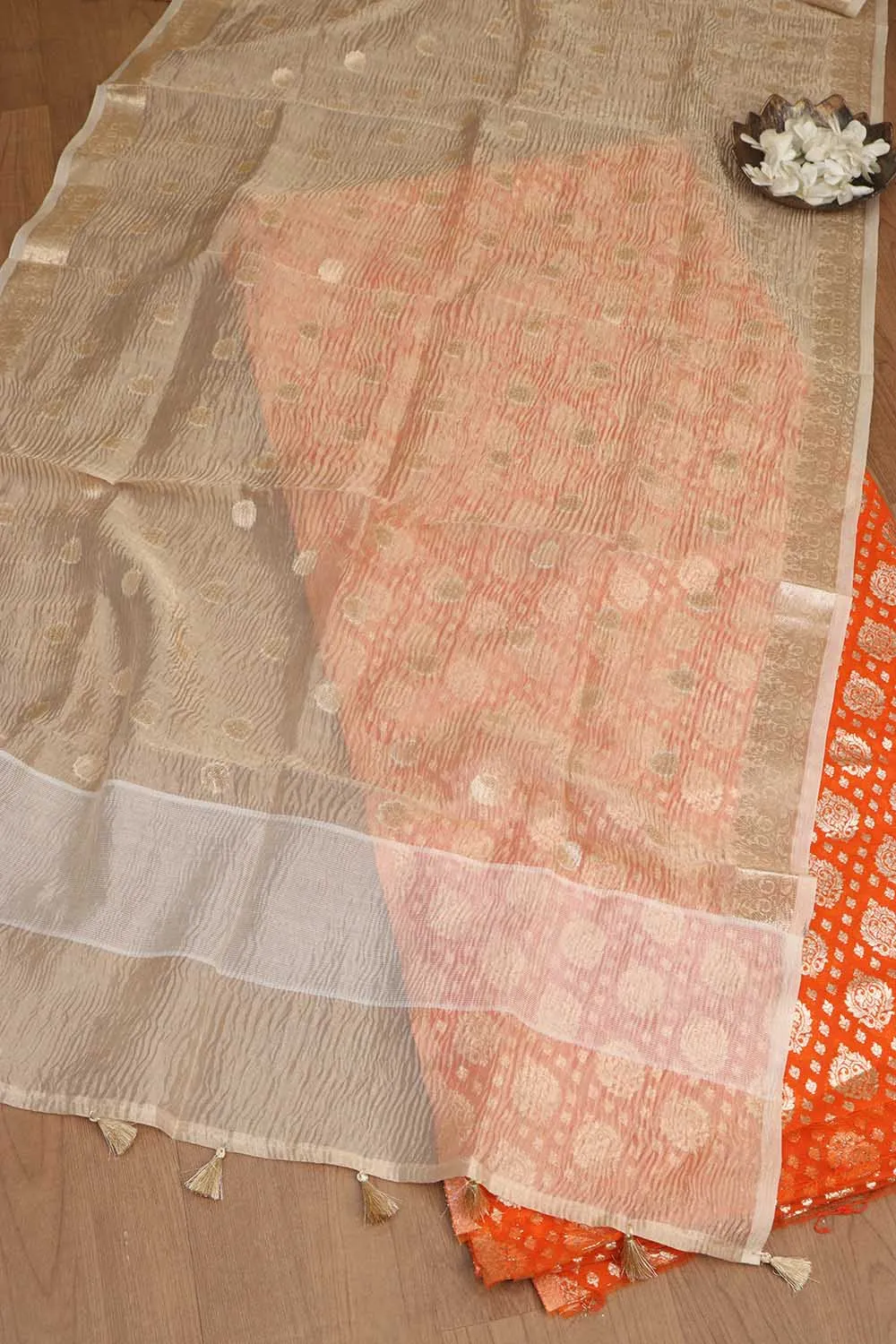 Elegant Orange Banarasi Chanderi Silk Suit With Dyeable Banarasi Handloom Tissue Silk Dupatta