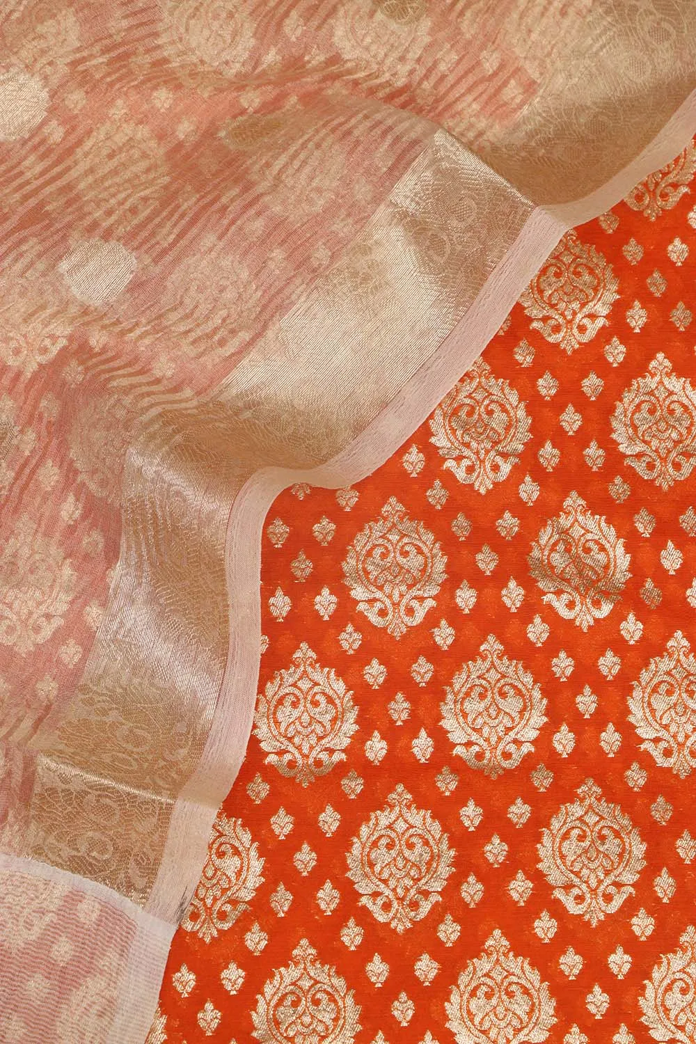 Elegant Orange Banarasi Chanderi Silk Suit With Dyeable Banarasi Handloom Tissue Silk Dupatta