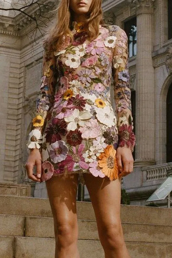 Elegantly Enchanted Floral Applique Backless Long Sleeve Mini Dress