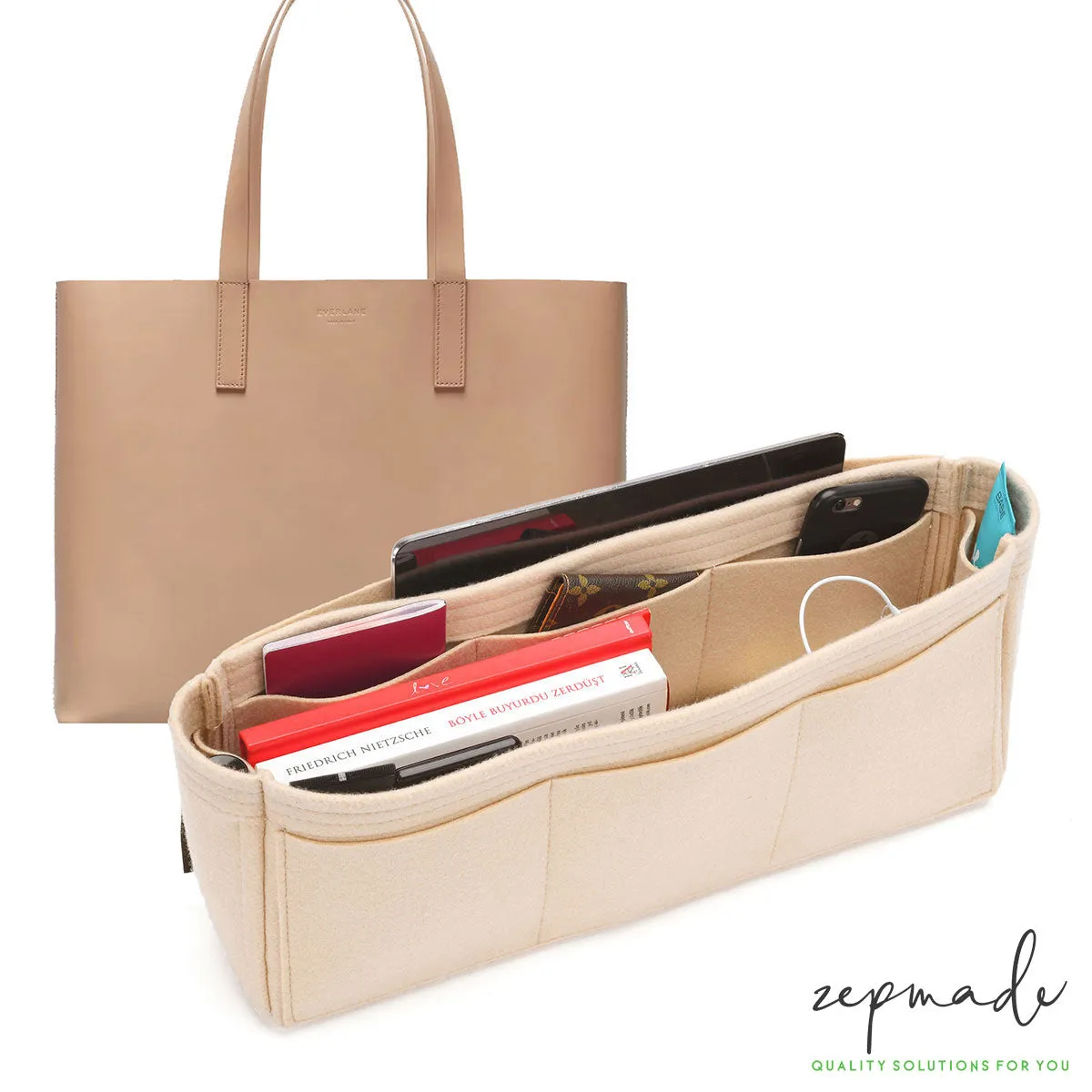 Everlane The Day Market Tote Organizer Insert, Classic Model Bag Organizer with Exterior Pockets