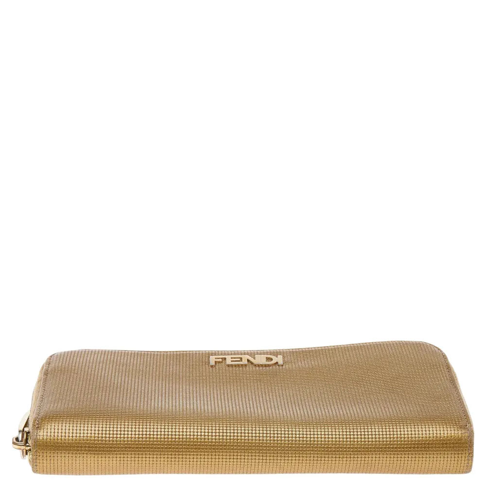 Fendi Gold Embossed Leather Zip Around Wallet