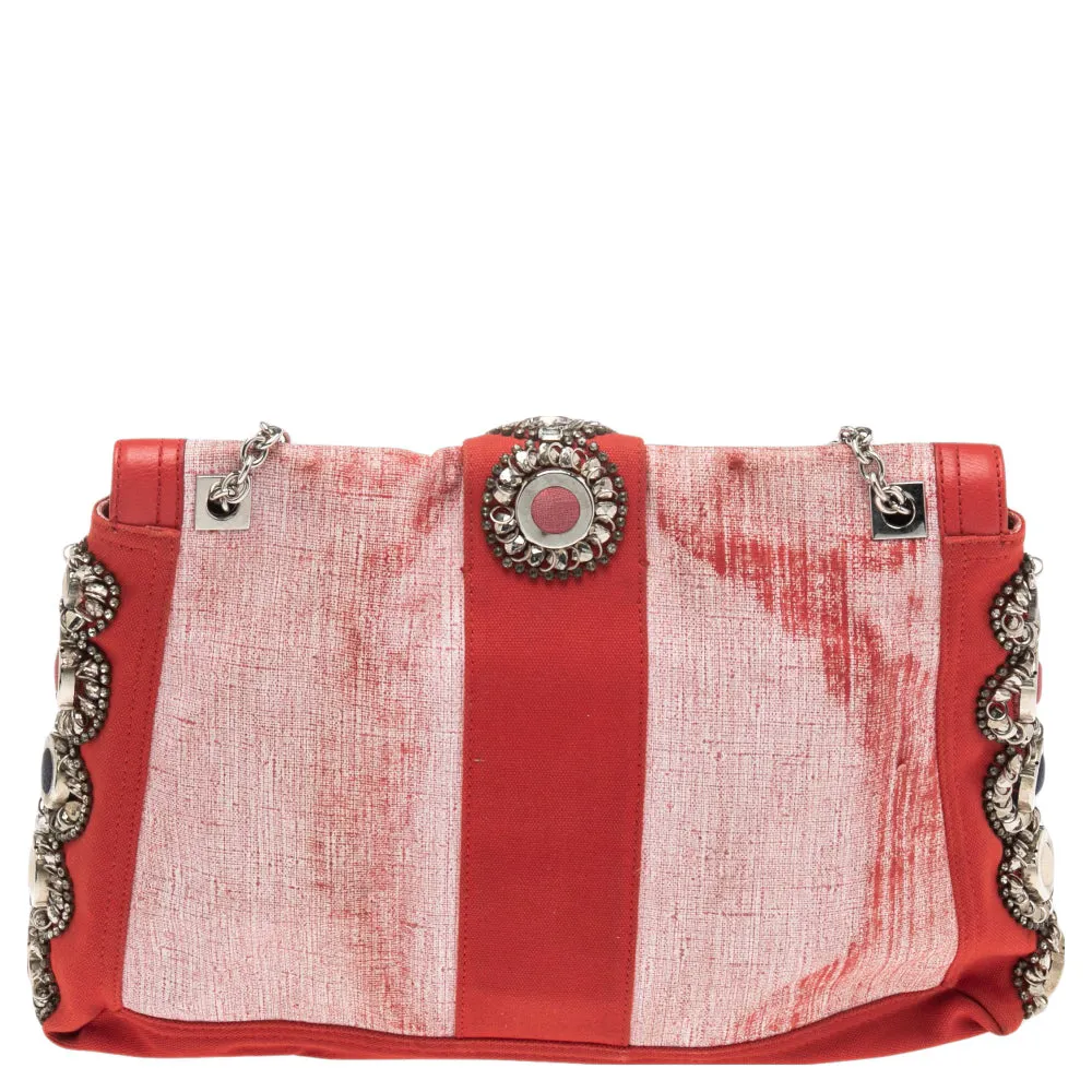 Fendi Red/White Canvas and Leather Maxi Baguette Embellished Shoulder Bag