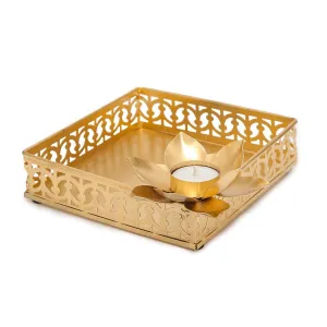 Golden Decorative Tray With Flower Tea Light Holder For Home & Puja Essential