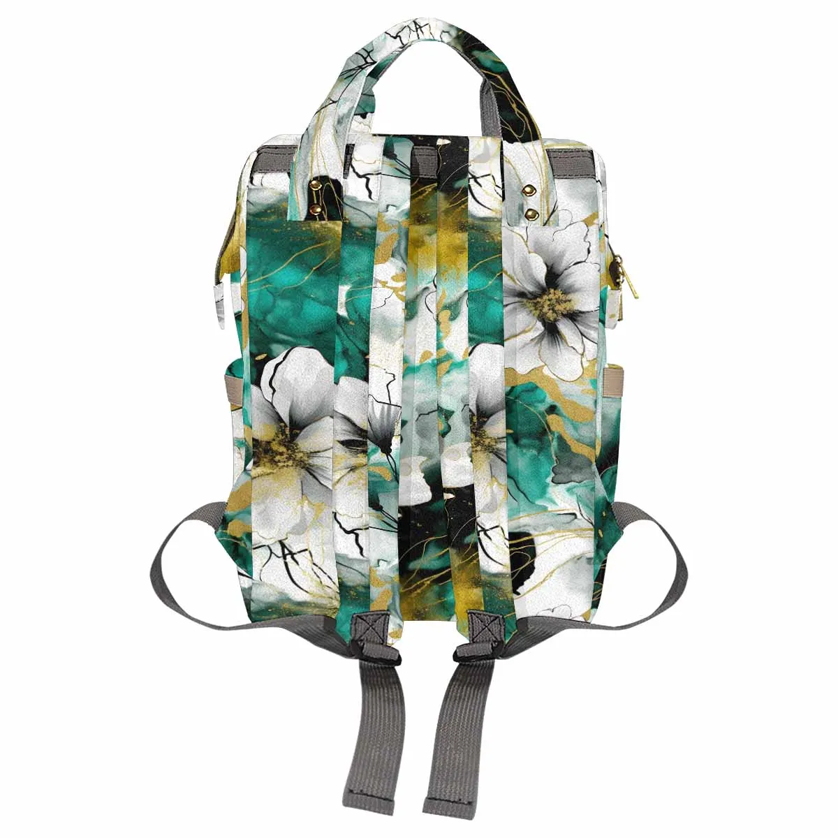 Green and White Ink Floral Diaper Bag Backpack