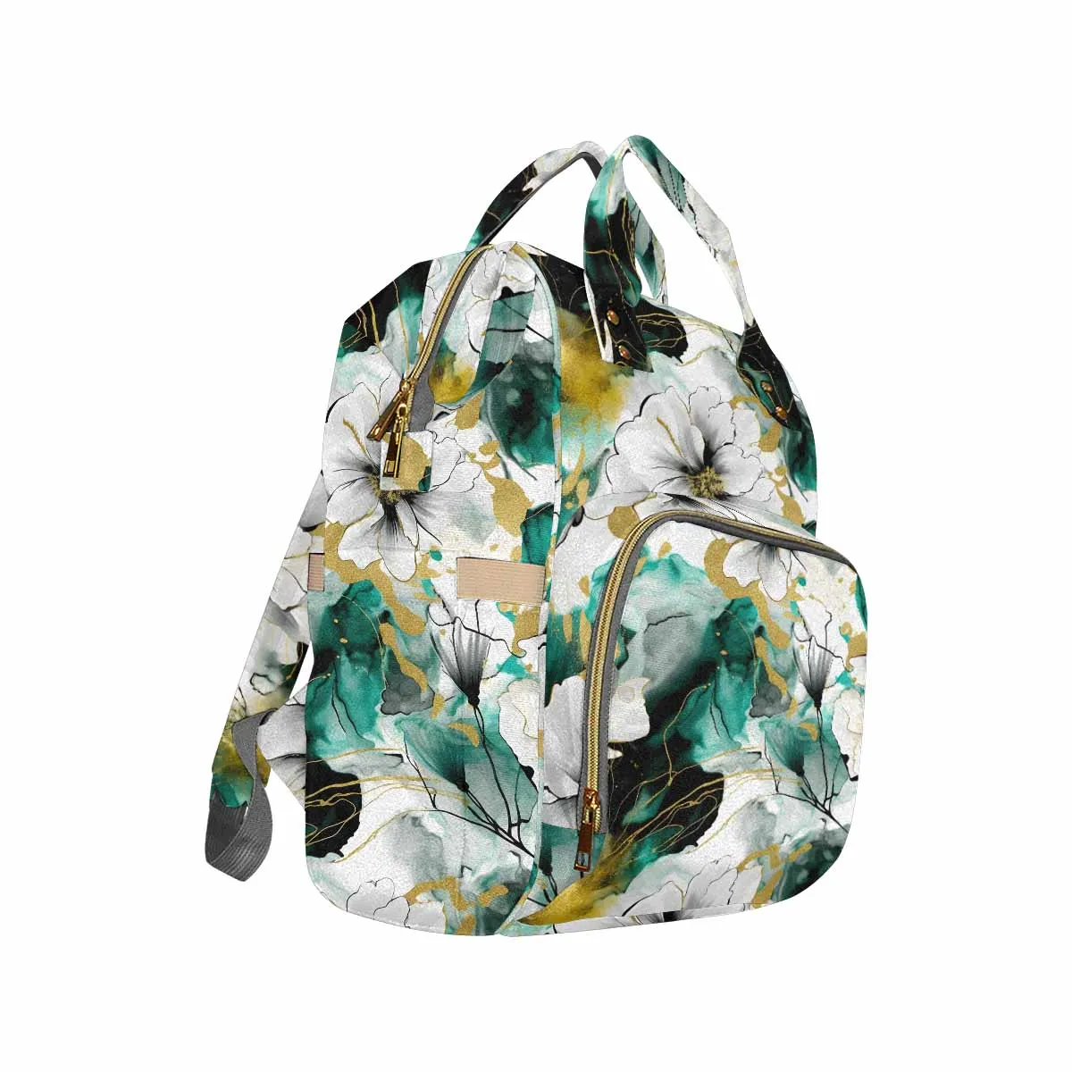 Green and White Ink Floral Diaper Bag Backpack