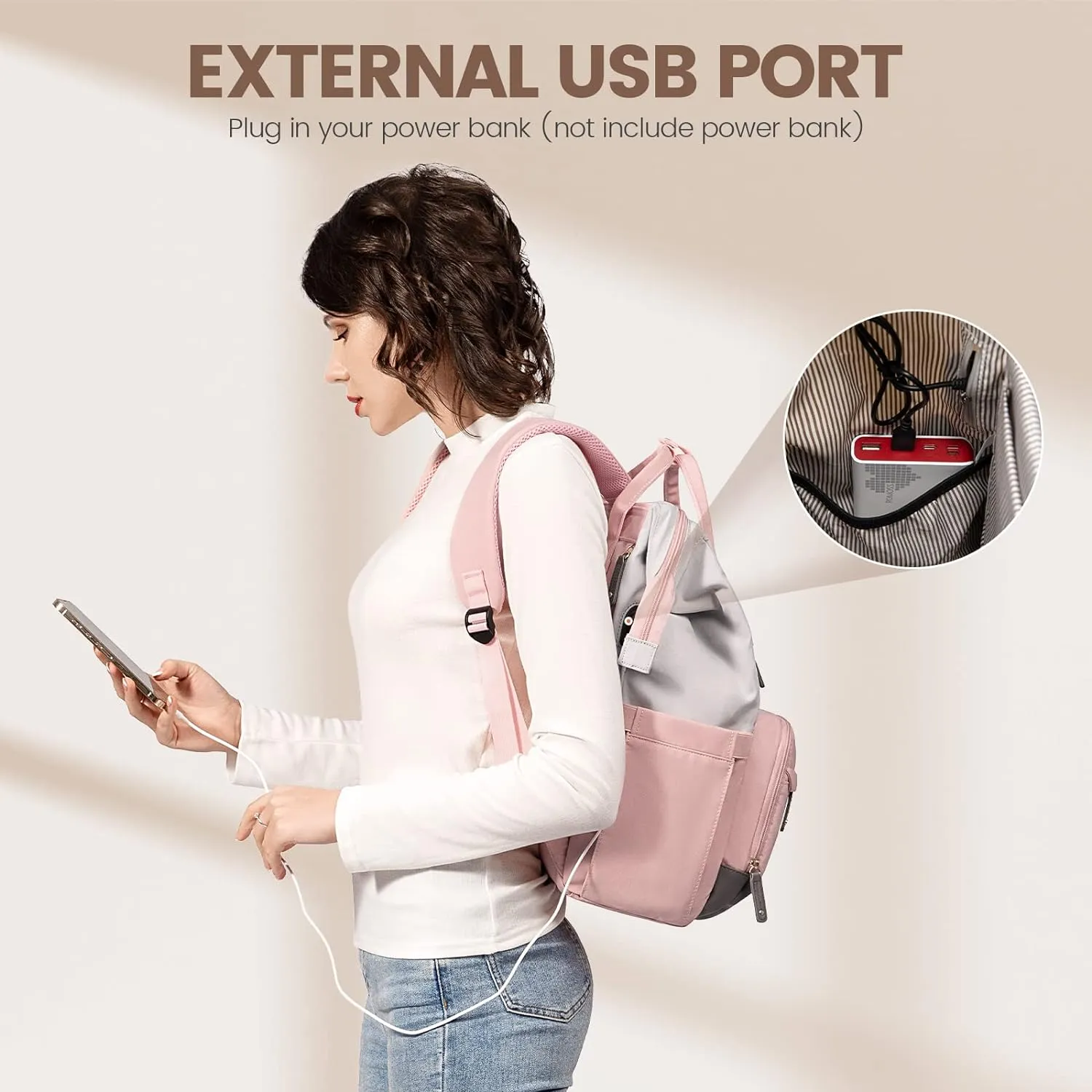 Grey/White College Travel Style Work Laptop USB Backpack