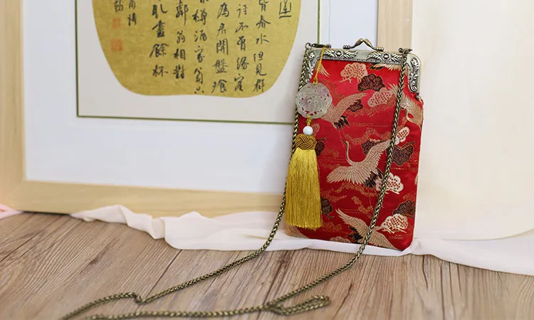 Hand Made Crane Pattern Silk Chinese Style Cell Phone Bag