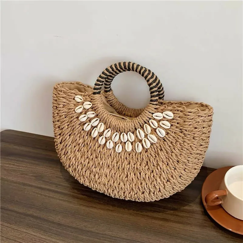 Handheld Straw Tote Handbag with Shell Decoration #4