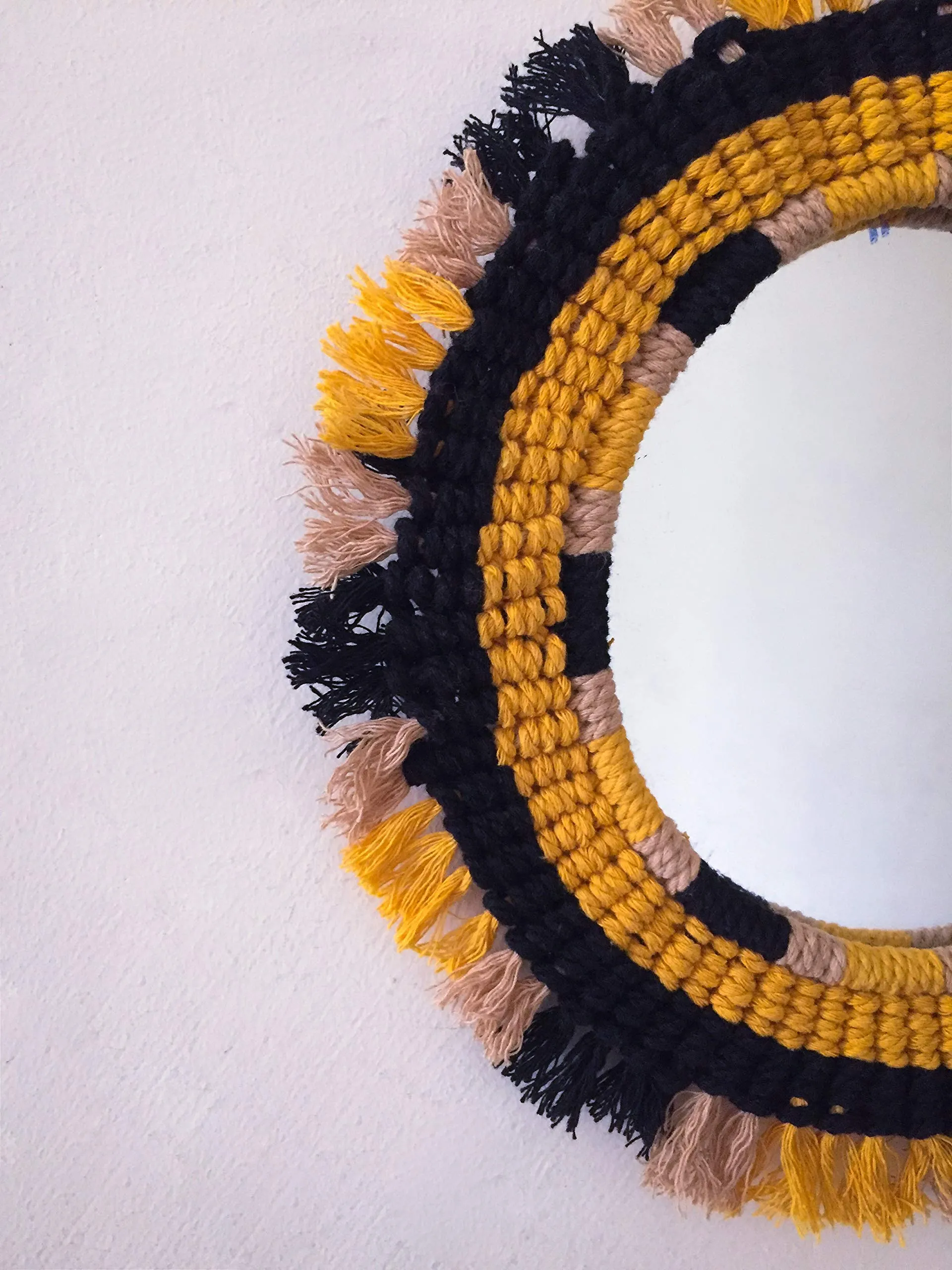 Hasta Kaushal Macrame Cotton Wall Mirror (Yellow Black and Beige, Small)